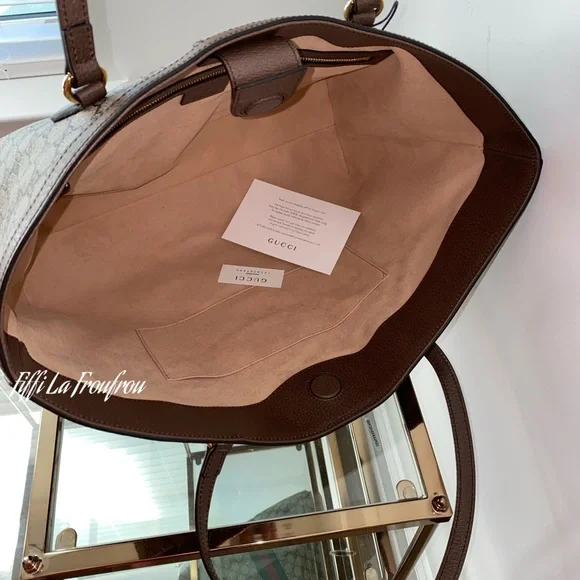 Gucci Beige Monogram Tote with Green and Red Web Stripe and Brown Trim - Picture 12 of 16